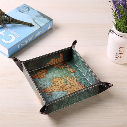 Valet Tray Desktop Storage Organizer, Vegan Leather Catchall Bedside Vanity Tray Nightstand Caddy Holder for Remote Controller, Watch, Keys, Phone, Wallet, Sunglasses, Jewelry - Map - color: Map Design
