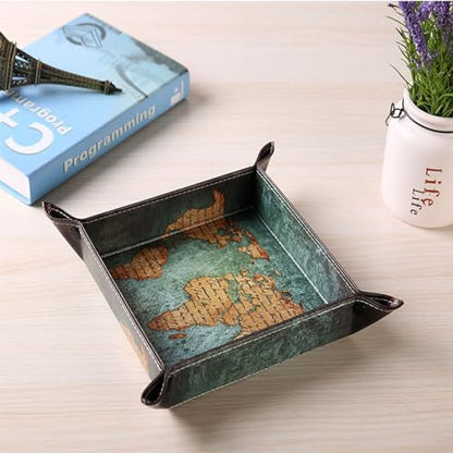 Valet Tray Desktop Storage Organizer, Vegan Leather Catchall Bedside Vanity Tray Nightstand Caddy Holder for Remote Controller, Watch, Keys, Phone, Wallet, Sunglasses, Jewelry - Map - color: Map Design