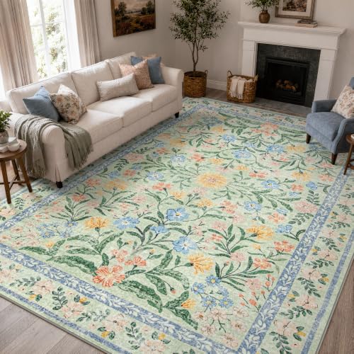 Wonnitar Machine Washable Area Rugs 9x12, Soft Sage Green Floral Rug for Living Room Bedroom, Ultra-Thin Large Foldable Boho Carpets for Playroom Classroom Dining Room - color: Green, size: 9' x 12' (Rectangular)
