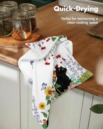 2pcs Cotton Waffle Kitchen Towels, Cat in Flowers | Waffle Weave, Terry Cloth, Pure Cotton, Sustainable, 16"x26", Highly Absorbent, with Hanging Loop, Giftable Package - color: Cat in Flowers