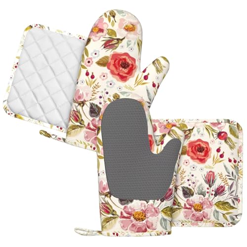 Wildflowers Floral Oven Mitts Pot Holders Set Silicone Heat Resistant Botanical Floral Oven Mitts and Hot Pads Potholders Non-Slip Oven Gloves for Cooking Baking Grilling BBQ - color: Red Green Beige