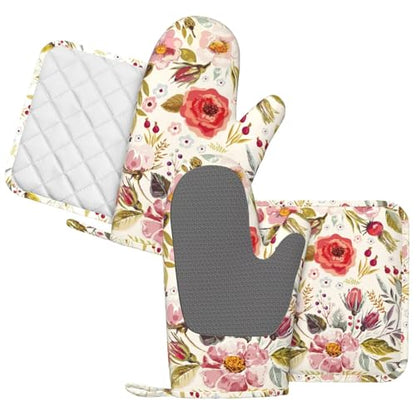 Wildflowers Floral Oven Mitts Pot Holders Set Silicone Heat Resistant Botanical Floral Oven Mitts and Hot Pads Potholders Non-Slip Oven Gloves for Cooking Baking Grilling BBQ - color: Red Green Beige
