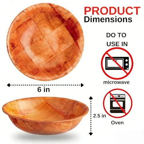Woven Wood Salad Bowls, 6-Inch, Set of 6 | Small Wooden Snack Bowls, For Fruit, Side Dish & Popcorn, Natural Rustic Serving, Lightweight & Durable