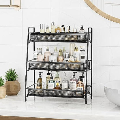 EKNITEY Bathroom Countertop Organizer Rack - 3 Tier Counter Spice Rack | Metal, Non-Slip Base, Makeup Rack, Small Coffee Station Organizer, for Sink Bedroom Kitchen Living room - color: Black