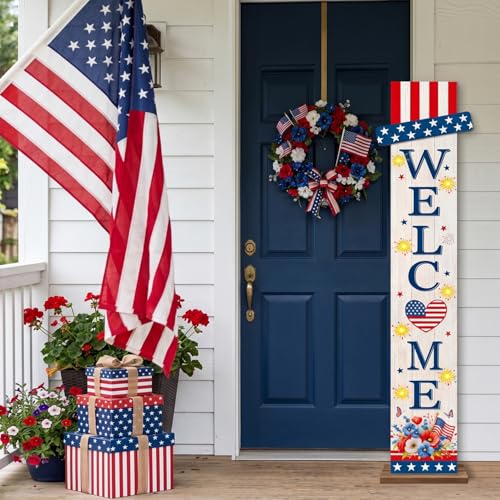 4th of July Patriotic Welcome Sign for Front Door with LED Lights 47" Outdoor American Memorial Day Yard Front Porch Standing Decor Independence Day 250th Signs for Outside Hanging - color: Patriotic Welcome Sign (Blue), size: 47"L x 8"W