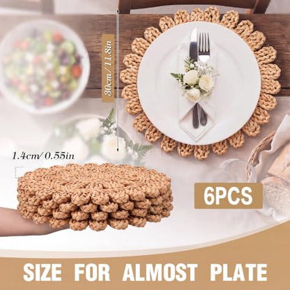Set of 6 Ruffled Woven Corn Husk Placemats Boho Farmhouse Placemats for Daily Tabletop Decor Elegant Dining Wedding Christmas Thanksgiving Day Holiday Dinner Party Housewarming Gifts - style: Ruffled