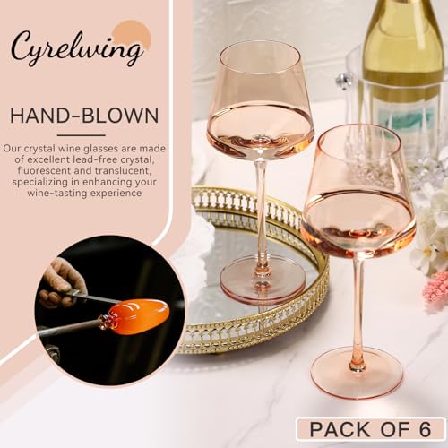 Light peach orange Wine Glasses Set of 6,18oz Blush Pink Wine Glassware Gift Set-Pale peach Hand Blown light peachy-orange Glass Drinkware for Red White Wine - color: Light Amber