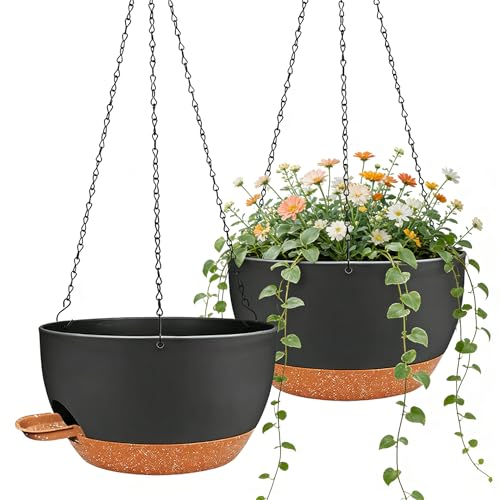 12 Inch Self Watering Hanging Planters 2 Pack, Black Brown | Plastic planters with drainage holes and saucers. Suitable for indoor, outdoor, kitchen, balcony and garden plant decor. - color: Black Brown