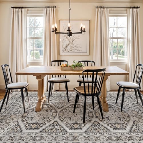 6x9 Area Rug Washable Vintage: Non Slip Living Room Carpet Black | Oriental Indoor Floor Mat for Bedroom Soft Low Pile Thin Rugs for Dining Room Pet Friendly Nursery Home Office Decor - color: Black, size: 6' x 9' (Rectangular)