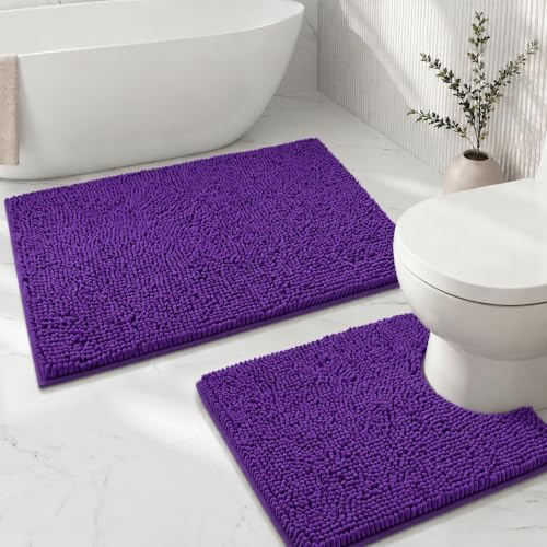 Bathroom Rugs Sets 2 Piece,Super Absorbent Soft,Thick,Machine Washable Chenille Bath Mat,Non Slip Toilet Floor Rug,Bath Mats for Bathroom,20x32 Plus 20x20 U Shape,Violet - color: Violet, size: 1'8" x 2'8" (20x32''+20x20''U shape)