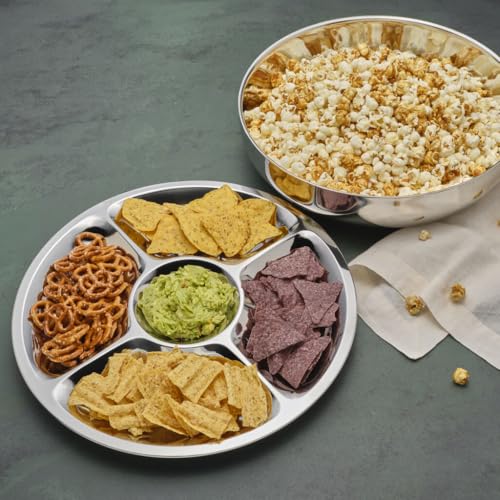 Mikasa Luxe 2-Piece Stainless Steel Chip and Dip Bowl Set, 14.25-Inch Serving Bowl with Coordinating Dip Bowl, Rust-Resistant, Dishwasher Safe, Elegant Entertaining Serveware
