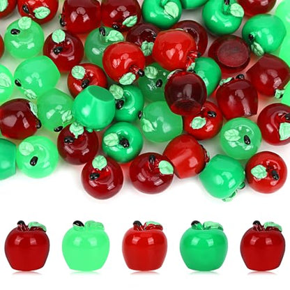 JUNEBRUSHS 50 Pcs Mini Resin Apples Red Green Tiny Apples Figurines | Artificial Fall School Crafts Ornaments for Vase Filler, Party Supplies, Home School Table Decor - style: Apple Style