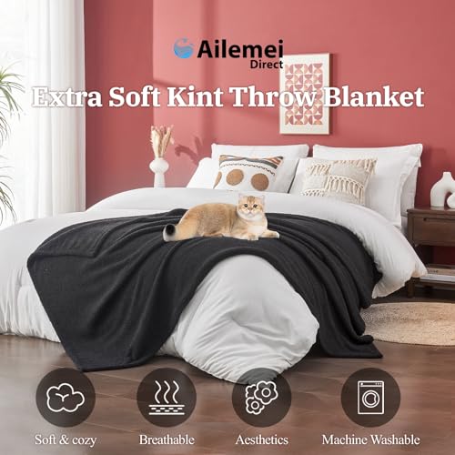 Ailemei Direct Knit Throw Blanket for Bed, Soft Thin Blankets for Sofa, Couch, Camping, Office Chair, Cozy Touch Lightweight Breathable Blanket All Season Use, Ash Black 50"x70" - color: Ash Black