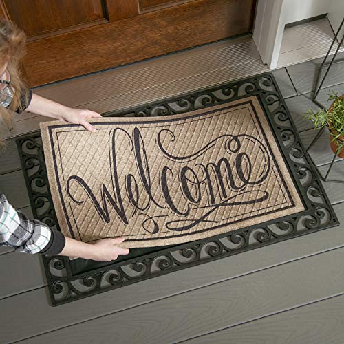 Evergreen Flag Beautiful Black Cutout Scroll Embossed Durable Welcome Mat Tray - 36 x 24 Inches Fade and Weather Resistant Outdoor Doormat Tray for Homes, Yards and Gardens