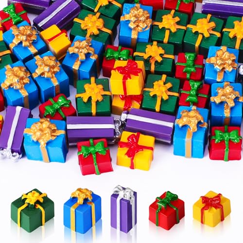 JUNEBRUSHS 50 Pcs Christmas Miniatures for Crafts, Christmas Tree Mini Resin Presents Charms Mini Christmas Ornaments Figurines for Tree Decor Vase Filler Xmas Crafts - style: Present Style