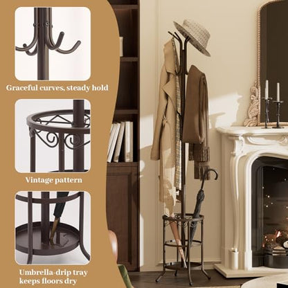 Coat Rack Freestanding With Umbrella Holder – Metal Hall Tree with 12 Hooks, Entryway Organizer for Hats, Bags, and Clothes (Brown) - color: Brown