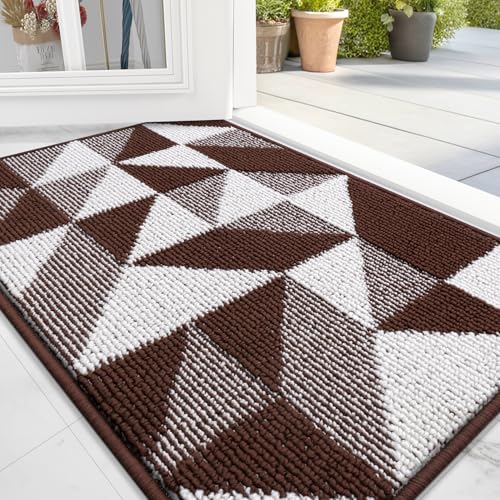 OLANLY Door Mat Indoor Entrance Washable 32x20, Odor-Free Low-Profile Front Back Geometric Doormat, Absorbent Resist Dirt Entry Carpet, Easy to Clean Sturdy Floor Mats for Entryway, Dark Brown - color: Dark Brown, size: 32" x 20"