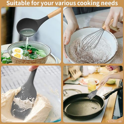 Silicone Cooking Utensils Set, 12Pcs Large Heat Resistant Kitchen Utensils, Turner Tongs, Spatula, Spoon, Wooden Handle Kitchen Gadgets with Holder for Nonstick Cookware, Dishwasher Safe (Grey) - color: Gray