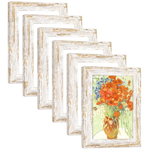 Rustic Distressed Retro Style White Photo Frame 4x6 Picture Frame Set of 6 with Real Glass for Pictures 4x6 Without Mat, Wall Gallery or Tabletop display - size: 4x6(set of 6)