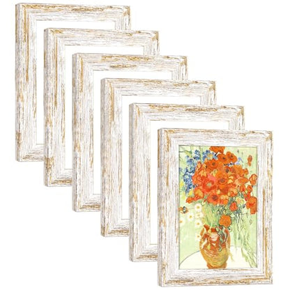 Rustic Distressed Retro Style White Photo Frame 4x6 Picture Frame Set of 6 with Real Glass for Pictures 4x6 Without Mat, Wall Gallery or Tabletop display - size: 4x6(set of 6)