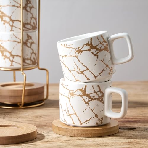 LUKA Porcelain Espresso Cup with Saucer and Metal Stand, 4 Ounce Stackable Ceramic Demitasse Espresso Mugs Cups Set for Latte,Coffee,Cafe Mocha,Tea(Set of 4),Marbling White - color: White Marbling