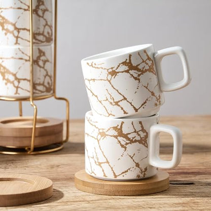 LUKA Porcelain Espresso Cup with Saucer and Metal Stand, 4 Ounce Stackable Ceramic Demitasse Espresso Mugs Cups Set for Latte,Coffee,Cafe Mocha,Tea(Set of 4),Marbling White - color: White Marbling