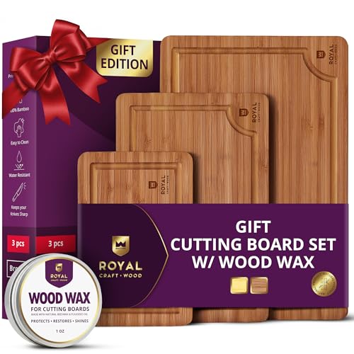 ROYAL CRAFT WOOD Wooden Cutting Boards for Kitchen Meal Prep & Serving - Bamboo Wood Serving Board Set with Deep Juice Groove Side Handles - Charcuterie & Chopping Butcher Block for Meat - color: Brown, size: 3-Piece (Gift_Set)