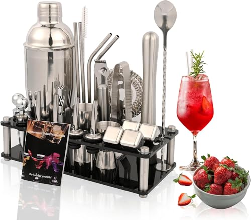 Bartender Kit, 26-Piece Cocktail Shaker Set Stainless Steel Drink Shaker Bar Set with Acrylic Stand & Cocktail Recipes Booklet, Perfect Cocktail Set for Drink Mixing, Home, Bar and Parties