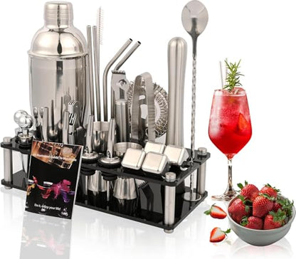 Bartender Kit, 26-Piece Cocktail Shaker Set Stainless Steel Drink Shaker Bar Set with Acrylic Stand & Cocktail Recipes Booklet, Perfect Cocktail Set for Drink Mixing, Home, Bar and Parties