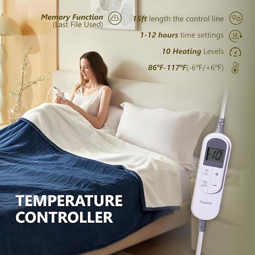 Heat Blanket 50”x60” Throw,Soft Flannel & Sherpa Reversible Electric Blanket with 10 Heat Settings,12 Timer Setting and 3 Hours Auto-Shut Off,ETL Certified Machine Washable,Dark Blue - color: Dark Blue, size: 50*60in