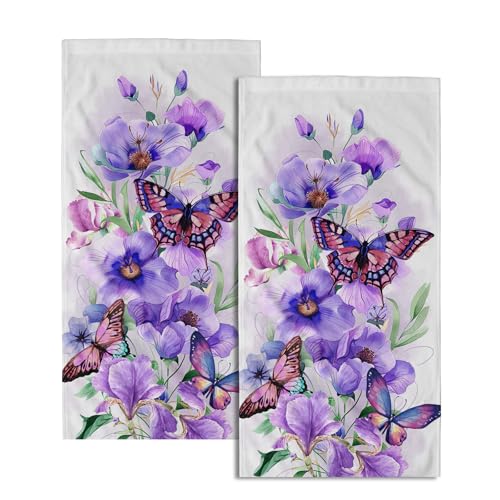 Imiss Purple Floral Butterfly Hand Face Towel 14.4 x 28.3 Inch Set of 2 Watercolor Botanical Plant Leaves Decor Bathroom Fingertip Multipurpose Towels for Home Hotel Gym Spa - color: Purple Flowers
