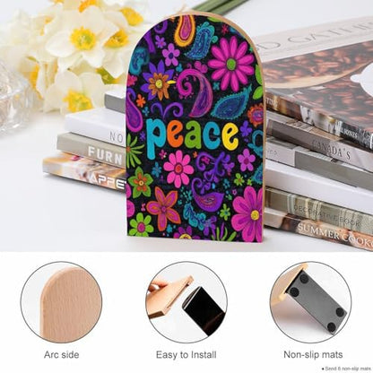 Colorful Flowers Peace Signs Abstract Wooden Bookends Shelves 2 PCS Sturdy Book Holders Desktop Organizer for Home Office Libraries