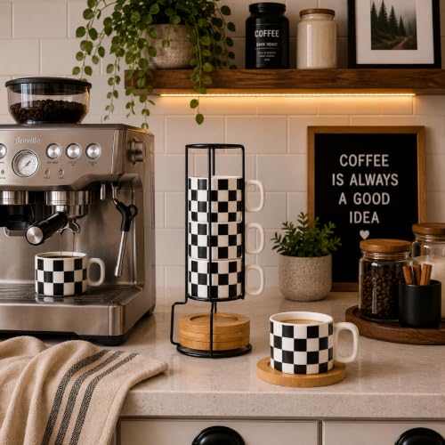 LUKA Porcelain Stackable Black and White Checkered Espresso Cups with Saucers and Metal Stand, 4 Ounce Small Ceramic Demitasse Cups Set for Coffee Drinks, Latte, Tea - Set of 4, White Interior - color: 4WG-White & Black
