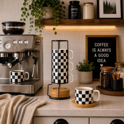 LUKA Porcelain Stackable Black and White Checkered Espresso Cups with Saucers and Metal Stand, 4 Ounce Small Ceramic Demitasse Cups Set for Coffee Drinks, Latte, Tea - Set of 4, White Interior - color: 4WG-White & Black