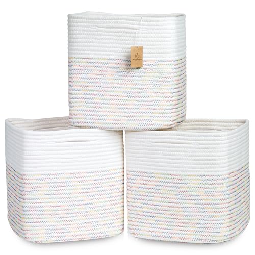 NaturalCozy 13 Inch Cube Storage Bins Cotton Rope Woven Baskets for Organizing 3-Pack | 13 x 13 Storage Cubes | Fabric Square Storage Baskets for Shelves Organizer, Kids Toy Bins, Closet Baby Nursery - color: Off White & Rainbow Stitching, size: 13 x 13 x