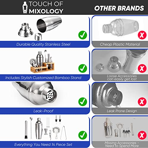 14PC Bartender Kit - Silver Cocktail Shaker Set - All Barware Essentials for Drink Mixing Includes Stand, Martini Shaker, Jigger, Strainer, Mixer Spoon, Muddler, Liquor Pourers, Touch of Mixology - color: Silver