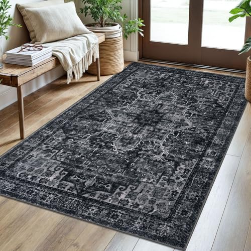SIILOOM 3x5 Washable Area Rug Non Slip Door Mat Indoor for Entryway Bedside | Soft Boho Vintage Spill & Stain Resistant Low Pile Carpet for Kitchen Office Front Backdoor Bedroom, Easy Clean - color: Black White, size: 3' x 5' (Rectangular)