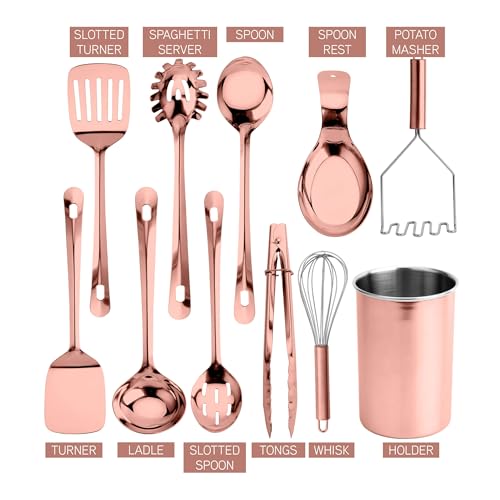COOK WITH COLOR Kitchen Utensil Set - premium Nonstick & Heat Resistant Kitchen Gadgets, Turner, Spaghetti Server, Serving Spoons, Whisk, Tongs, Masher & Utensil Holder, 10-piece Rose Gold - color: Rose Gold