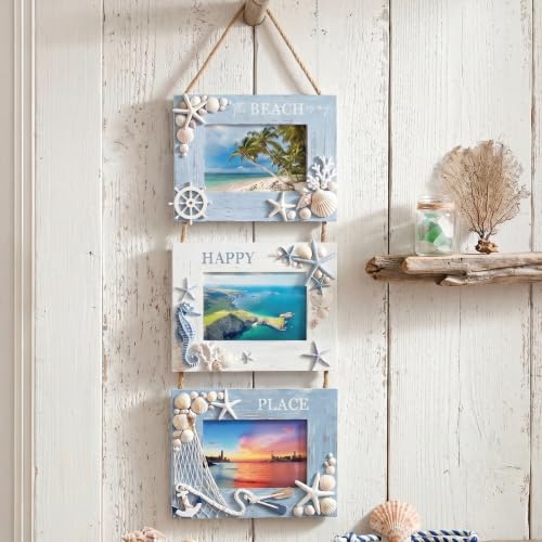Novabright Beach Picture Frame 3-photo Collage Wood Coastal Picture Frames | Ocean Nautical Themed Hanging Collage Wall Decor, Farmhouse Beach Party Decor, Summer Home Decoration, Easy Wall Mounting - color: Blue, size: Beach