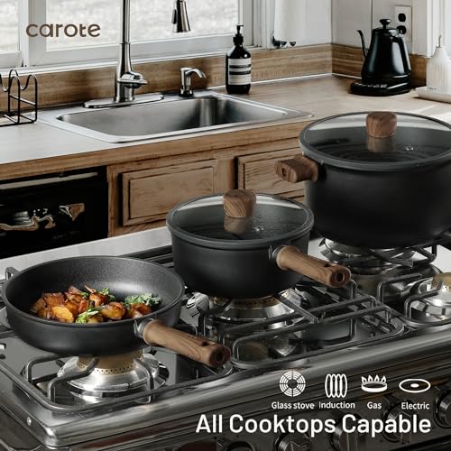 CAROTE 24pcs Nonstick Cookware Sets, Pots and Pans Set | Titanium Infused, Ultra Durable, Fast & Even Heating, Easy Clean, All-Stovetop Compatible, with 6.5-Qt Stockpot & Egg Pan - color: Black, size: 24 PCS