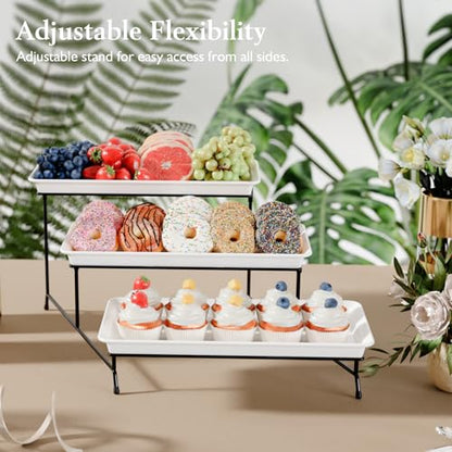 Bumusty 3-Tier Melamine Serving Tray Set, 14 x 7 in, Black Stand | Melamine Reusable Platters with Metal Display Stand for Cupcakes, Desserts, Fruit, Cookies, Parties, Birthdays and Holidays - color: Black, size: 14" x 7"