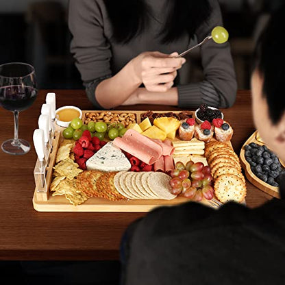hecef Large Charcuterie Board Set of 13, A Bamboo Cheese Board and Snack Tray, 2 Ceramic Bowls, 4 Server Forks, 4 Knives Set, Appetizer Platter for Birthdays, Weddings, Housewarming, Feast - style: with Snack Tray
