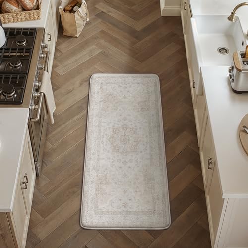 Kitchen Mats for Floor Anti Fatigue Cushioned Beige Vintage Kitchen Mats Waterproof Non Slip Comfort Standing Oriental Medallion Runner Rug for Sink Laundry Office Bathroom 17.3"x47" - color: Distressed | Beige, size: 17.3"x47"--0.4inch