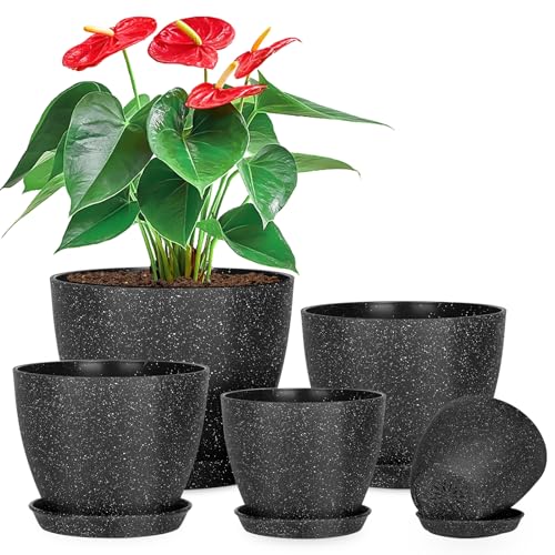 5 Pcs Plant pots, 7.5/6.5/5.7/4.9/4.1 inch Pots for Plants, Flower Pot Indoor Modern Decorative Plant Pot, Plant Pots Indoor with Drainage and Saucer for All House Plants (Drainage Set of 5 Black) - color: Drainage Set of 5 Black