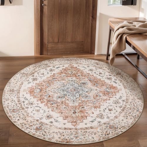 Ciicool 4ft Round Boho Area Rug,Washable Circle Throw Rugs for Entryway | Vintage Non-Slip Indoor Oriental Low-Pile Carpet Soft Pet Friendly Mat for Living Room Dining Room Kitchen Bedroom - color: Vintage Cream/Brick, size: 4' (Round)
