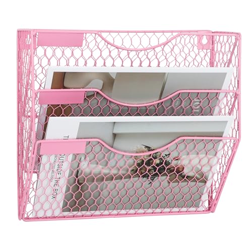 Mail Organizer Wall Mount Hanging File Holder Storage, Metal Chicken Wire Magazine Rack 3 Tier, Pink - color: Pink, size: 3 Tier