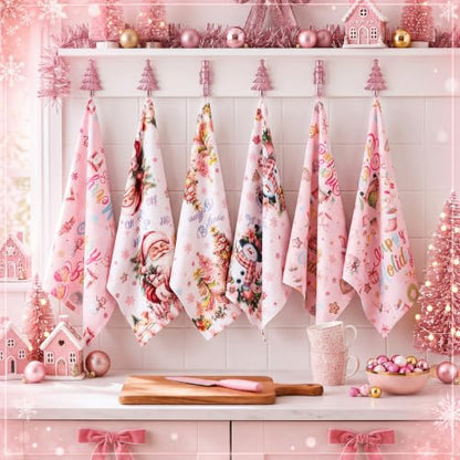 Redbaker 6 Pcs Pink Christmas Kitchen Towels Santa Claus Funny Dishcloth | Xmas Absorbent Farmhouse Decorative Fast Drying Tea Dish Towel with Hanging Loop for Kitchen Bathroom Home Housewarming Gift - style: Pink Christmas