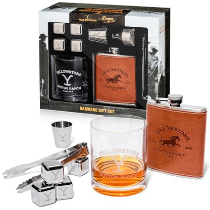 Dragon Glassware x Yellowstone Barware Gift Set of 4 - Official Merchandise | Includes Yellowstone Drinking Glass, Shot Glass, Leather Flask & Chilling Stones