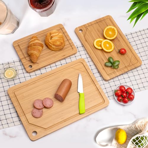 Bamboo Cutting Board Set of 3, Cutting Boards For Kitchen with Juice Groove, Bamboo Chopping Board Set, Serving Board Set for Meat, Vegetable and Cheese - color: Bamboo Set of 3 with Hole