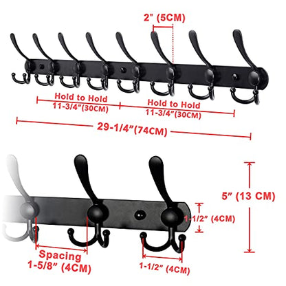 Coat Rack Wall Mount - 29.5” Long 8-Tri-Hooks Heavy Duty Coat Hanger Rail Wall Hooks for Hanging Coats Hats Clothing Clothes Purse Mudroom Entryway, Black - color: Black, size: L=29.5” (1 Pcs)